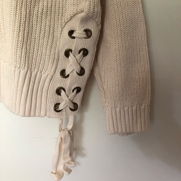 Cotton Knitted Sweater with Lacing Detail in Cream - Picture 4 of 5